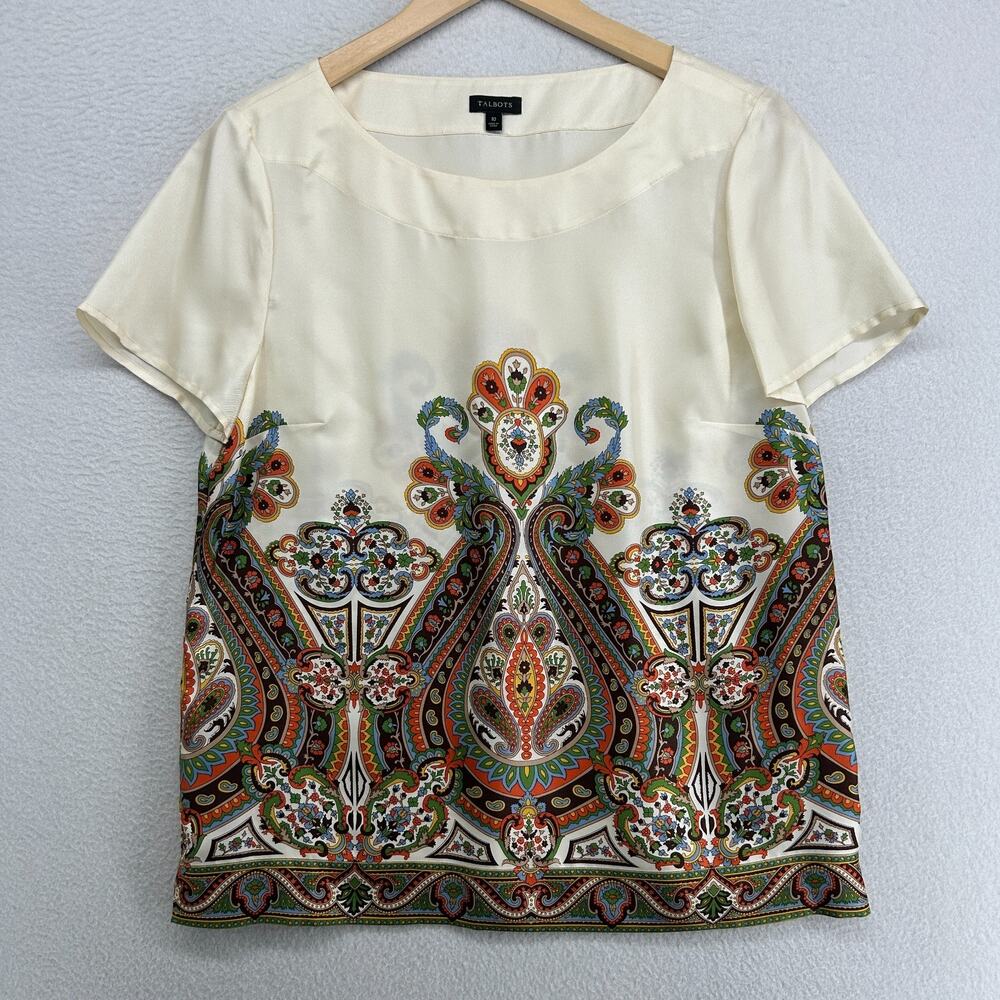 TALBOTS Top 10 Silk Crepe de Chine Pailey Blouse Short Sleeve Boho Off White